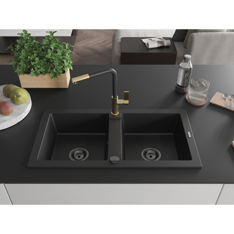 Mexen Mario granite double-bowl sink with Flora kitchen faucet, black - 6504-77-670401-57-B