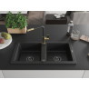 Mexen Mario granite double-bowl sink with Flora kitchen faucet, black - 6504-77-670401-57-B