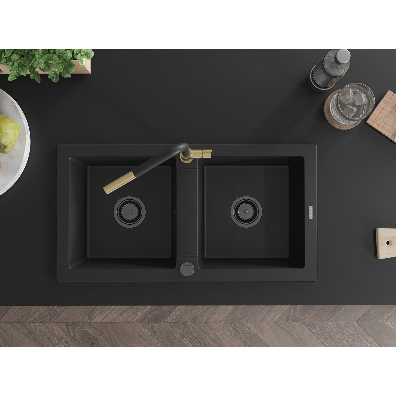 Mexen Mario 2-bowl granite sink with Flora kitchen faucet, black - 6504-77-670401-57-B