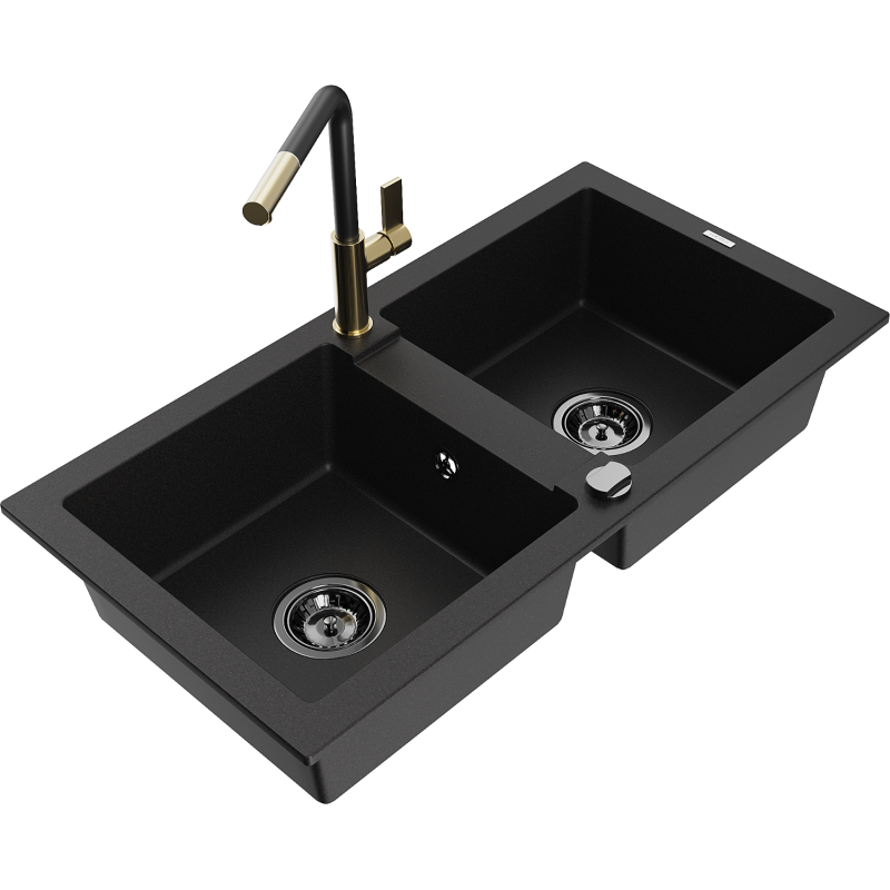 Mexen Mario 2-compartment granite sink with a kitchen mixer tap Flora, Black - 6504-77-670401-57-B