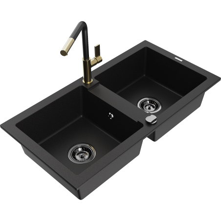 Mexen Mario granite double-bowl sink with Flora kitchen faucet, black - 6504-77-670401-57-B