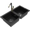 Mexen Mario 2-bowl granite sink with Flora kitchen faucet, black - 6504-77-670401-57-B