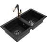Mexen Mario granite double-bowl sink with Flora kitchen faucet, black - 6504-77-670401-57-B