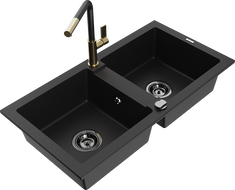 Mexen Mario granite double-bowl sink with Flora kitchen faucet, black - 6504-77-670401-57-B