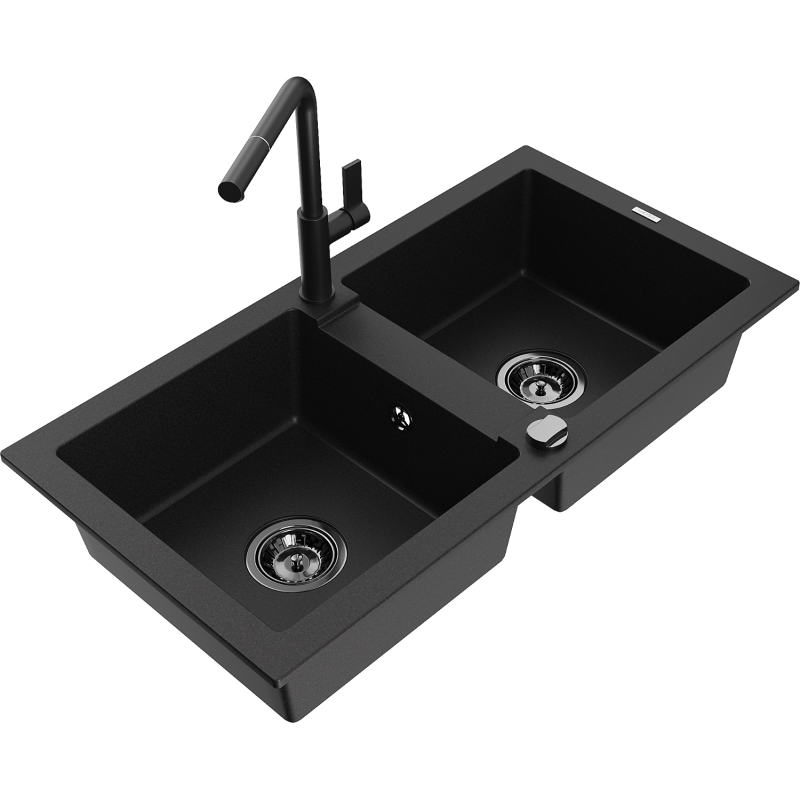 Mexen Mario 2-compartment granite sink with a kitchen mixer tap Flora, Black - 6504-77-670401-70-B