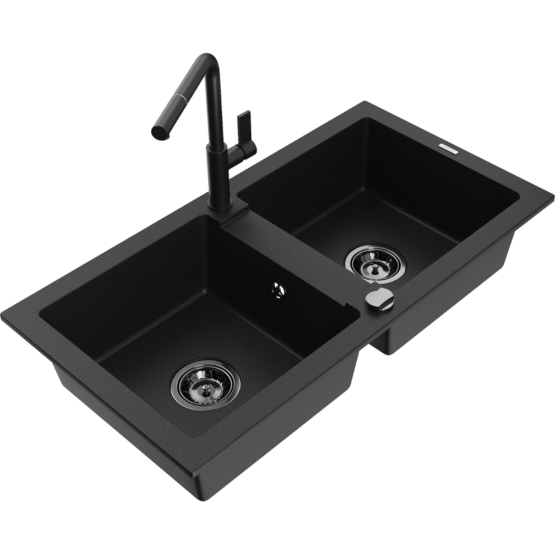 Mexen Mario granite kitchen sink 2-bowl with Flora kitchen tap, black - 6504-77-670401-70-B