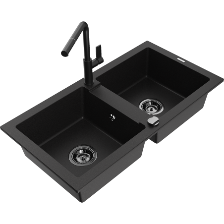Mexen Mario 2-Chamber Granite Sink with Flora Kitchen Faucet, Black - 6504-77-670401-70-B