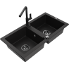 Mexen Mario 2-Chamber Granite Sink with Flora Kitchen Faucet, Black - 6504-77-670401-70-B