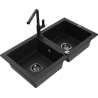 Mexen Mario 2-compartment granite sink with a kitchen mixer tap Flora, Black - 6504-77-670401-70-B