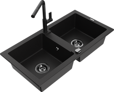 Mexen Mario 2-chamber granite sink with Flora kitchen faucet, black - 6504-77-670401-70-B