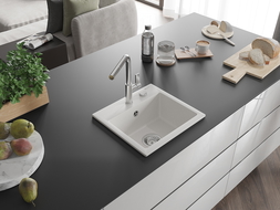 Mexen Milo 1-bowl granite sink with Flora kitchen tap, white - 6505-20-670401-00