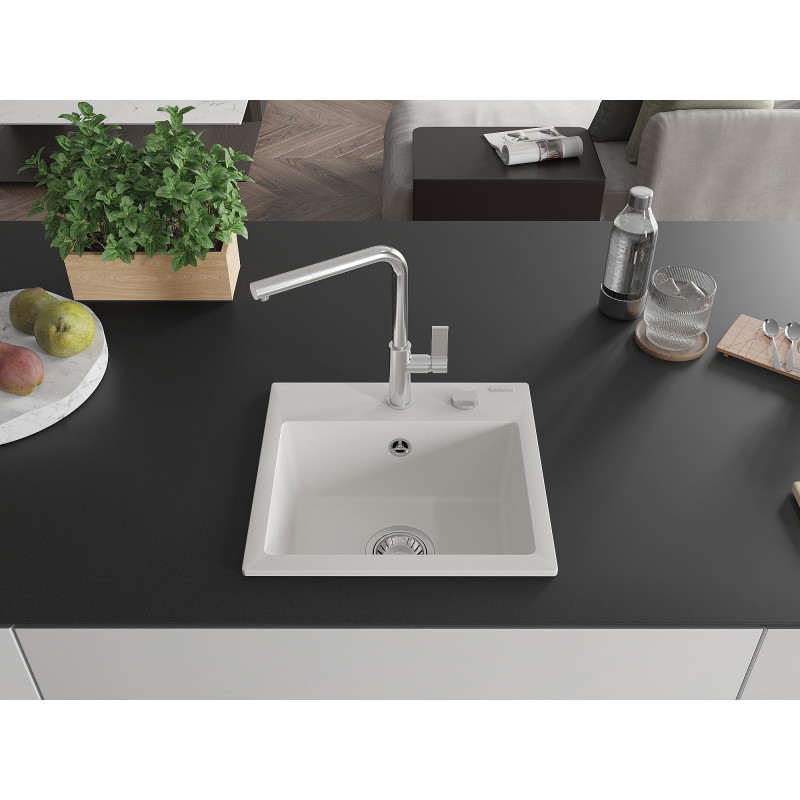 Mexen Milo 1-bowl granite sink with Flora kitchen faucet, white - 6505-20-670401-00