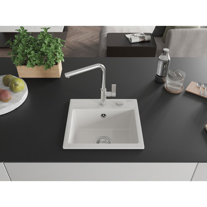 Mexen Milo 1-bowl granite sink with Flora kitchen tap, white - 6505-20-670401-00