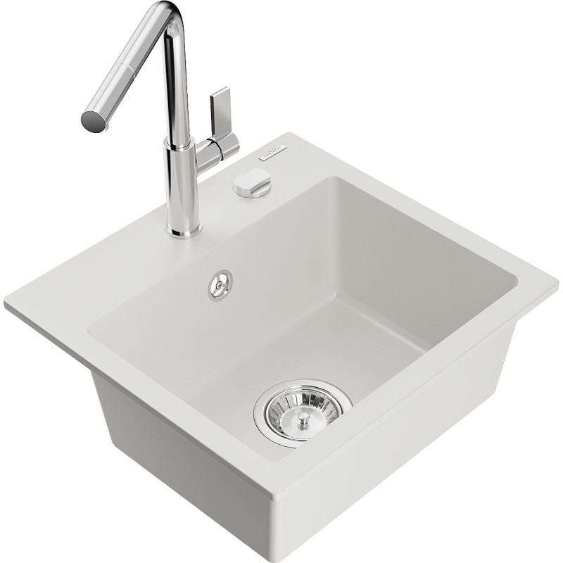Mexen Milo 1-bowl granite sink with Flora kitchen faucet, white - 6505-20-670401-00