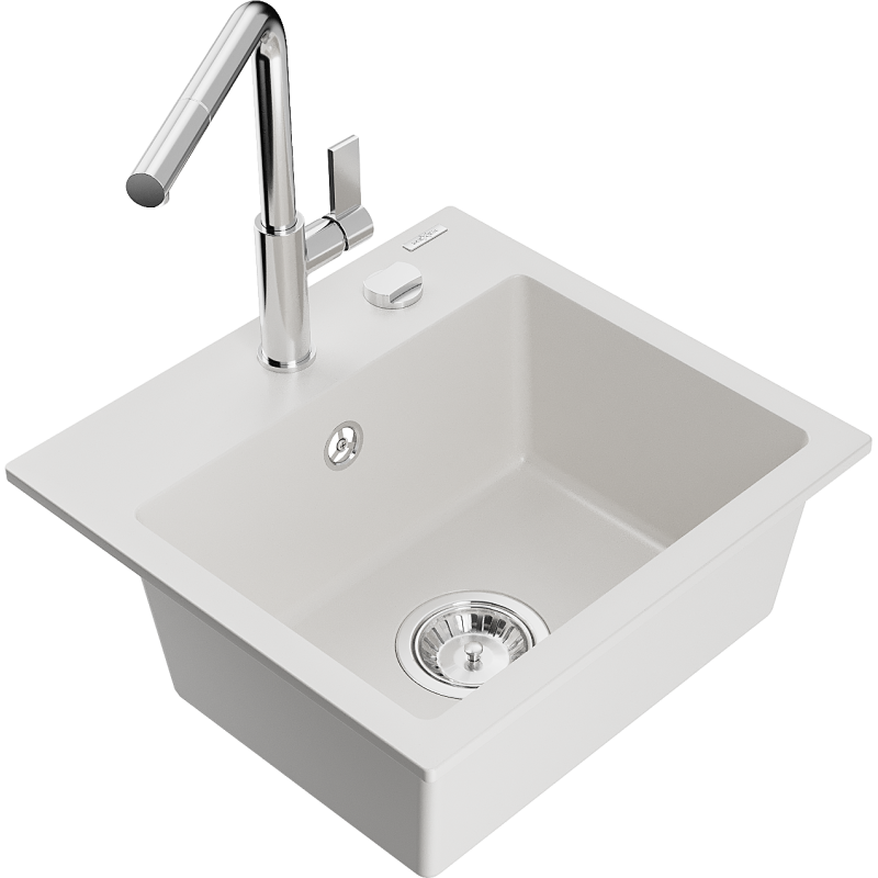 Mexen Milo 1-compartment granite sink with a kitchen mixer tap Flora, White - 6505-20-670401-00