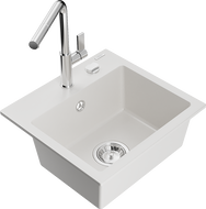 Mexen Milo 1-bowl granite sink with Flora kitchen faucet, white - 6505-20-670401-00