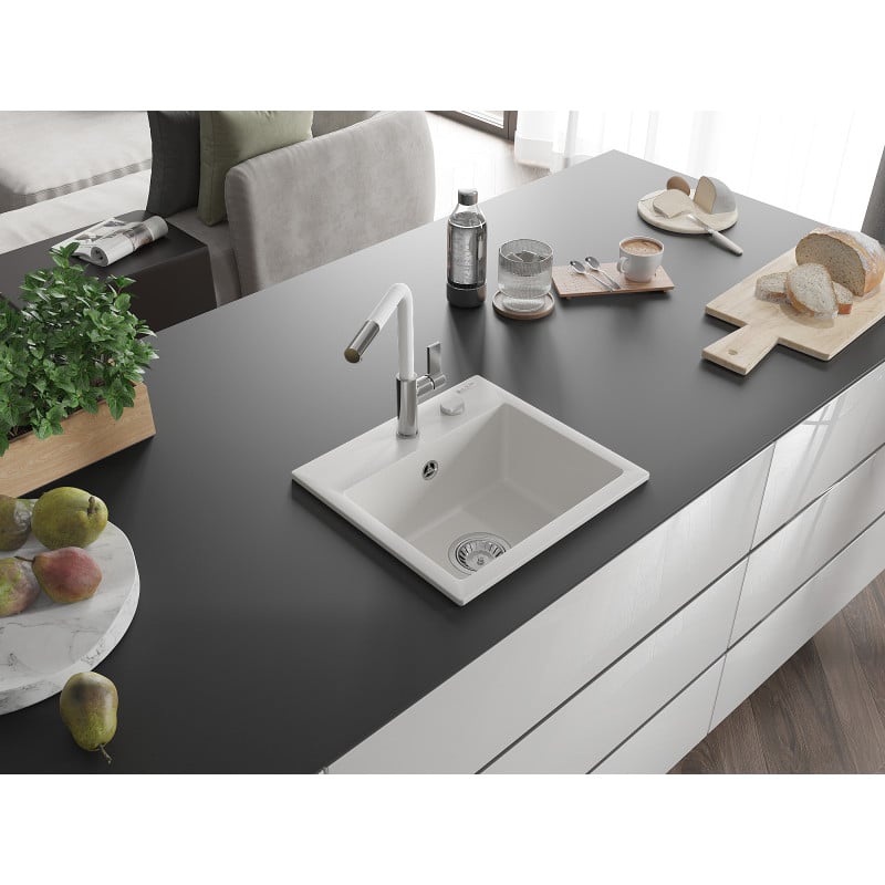 Mexen Milo 1-bowl granite sink with Flora kitchen tap, white - 6505-20-670401-02