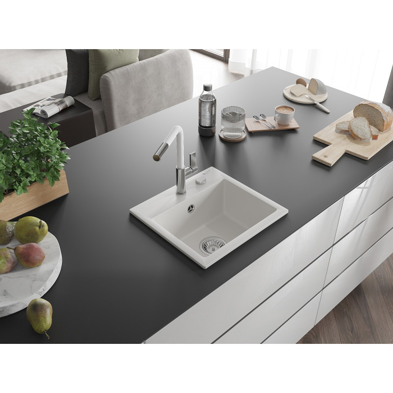 Mexen Milo granite kitchen sink with 1 bowl and Flora kitchen faucet, white - 6505-20-670401-02