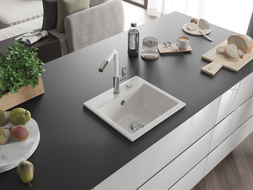 Mexen Milo granite kitchen sink with 1 bowl and Flora kitchen faucet, white - 6505-20-670401-02