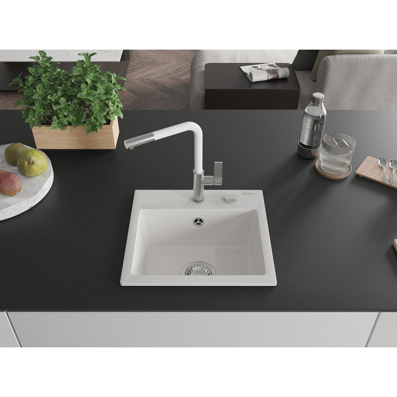 Mexen Milo 1-bowl granite sink with Flora kitchen tap, white - 6505-20-670401-02