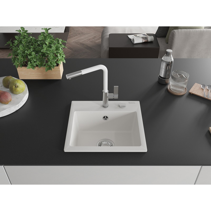 Mexen Milo granite kitchen sink 1-bowl with Flora kitchen faucet, white - 6505-20-670401-02