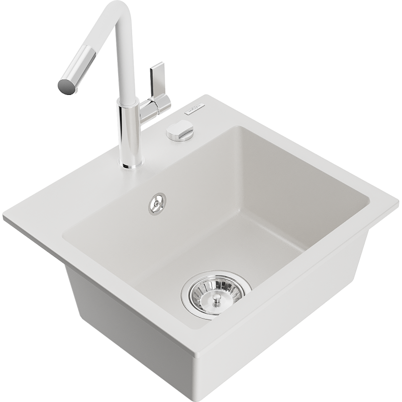 Mexen Milo 1-compartment granite sink with a kitchen mixer tap Flora, White - 6505-20-670401-02
