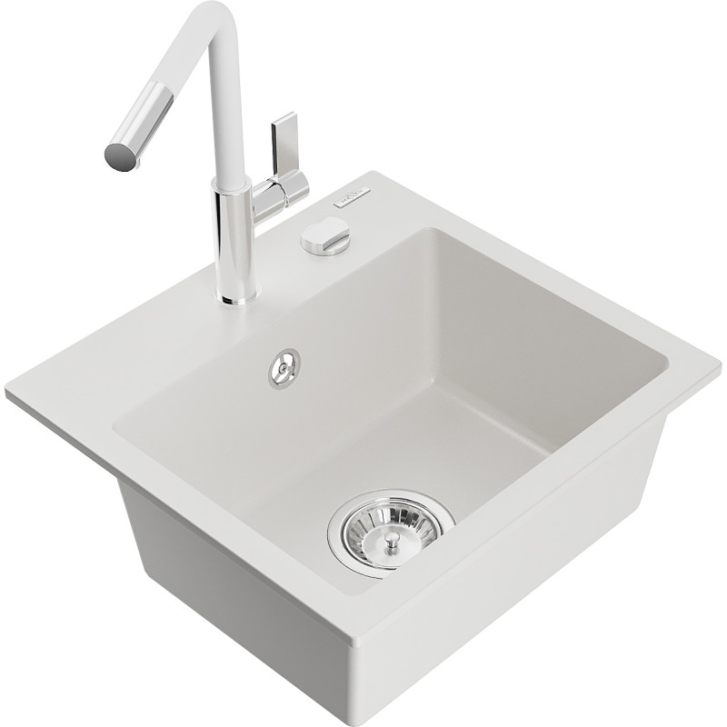 Mexen Milo granite kitchen sink with 1 bowl and Flora kitchen faucet, white - 6505-20-670401-02