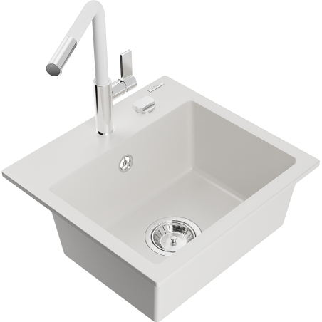 Mexen Milo 1-compartment granite sink with a kitchen mixer tap Flora, White - 6505-20-670401-02