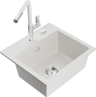 Mexen Milo granite kitchen sink 1-bowl with Flora kitchen faucet, white - 6505-20-670401-02