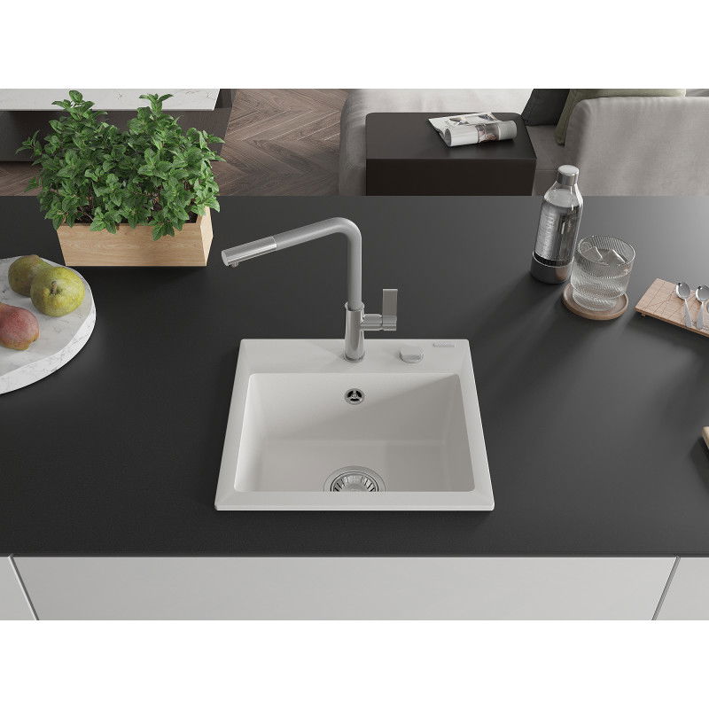 Mexen Milo 1-bowl granite sink with Flora kitchen tap, white - 6505-20-670401-06