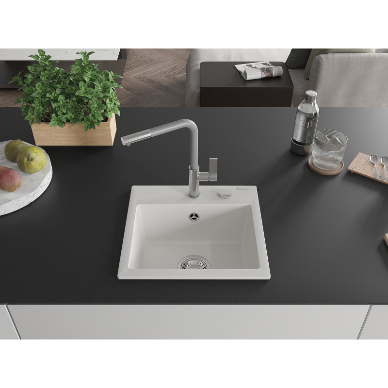 Mexen Milo granite kitchen sink 1-bowl with Flora kitchen faucet, white - 6505-20-670401-06