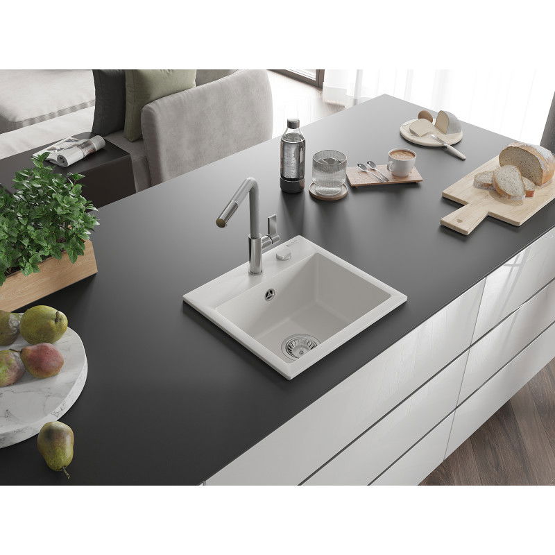 Mexen Milo 1-bowl granite sink with Flora kitchen tap, white - 6505-20-670401-06