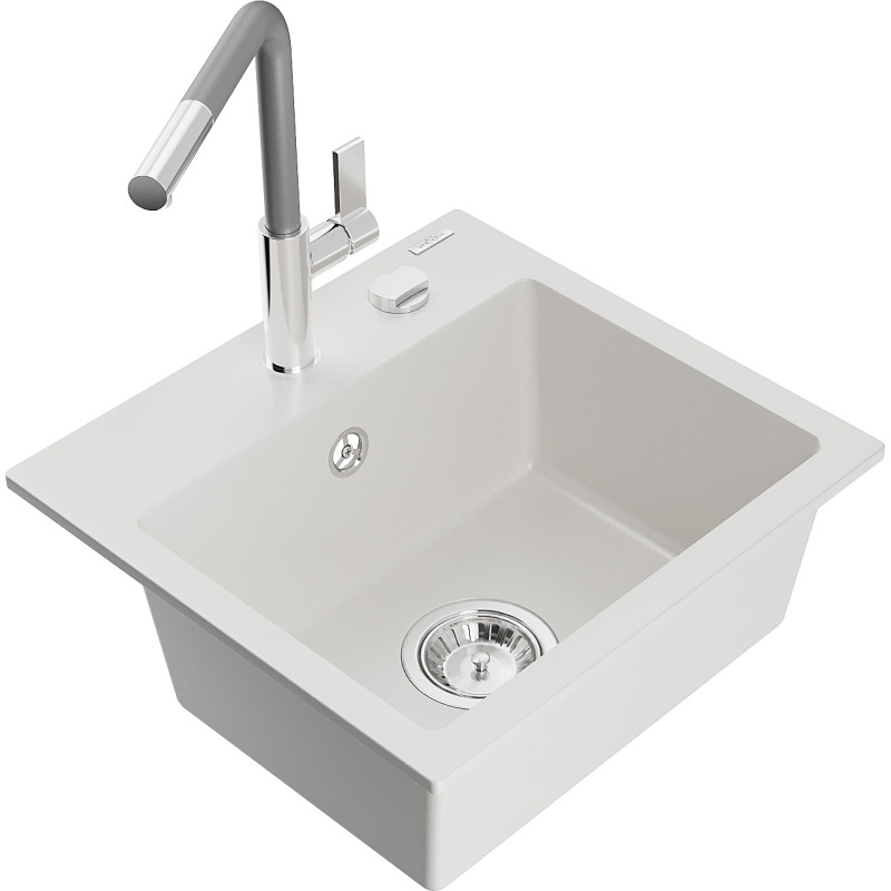 Mexen Milo 1-bowl granite sink with Flora kitchen faucet, white - 6505-20-670401-06