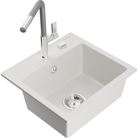 Mexen Milo 1-compartment granite sink with a kitchen mixer tap Flora, White - 6505-20-670401-06