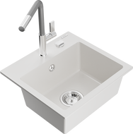 Mexen Milo 1-bowl granite sink with Flora kitchen tap, white - 6505-20-670401-06