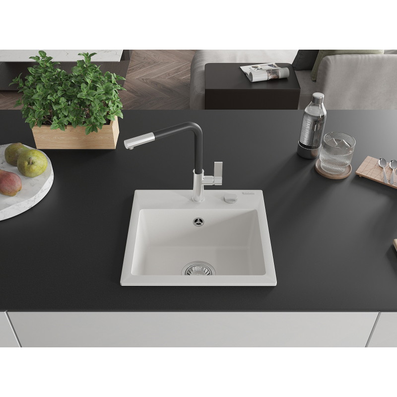 Mexen Milo granite sink 1-chamber with Flora kitchen faucet, white - 6505-20-670401-07