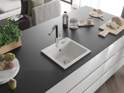 Mexen Milo 1-compartment granite sink with a kitchen mixer tap Flora, White - 6505-20-670401-07