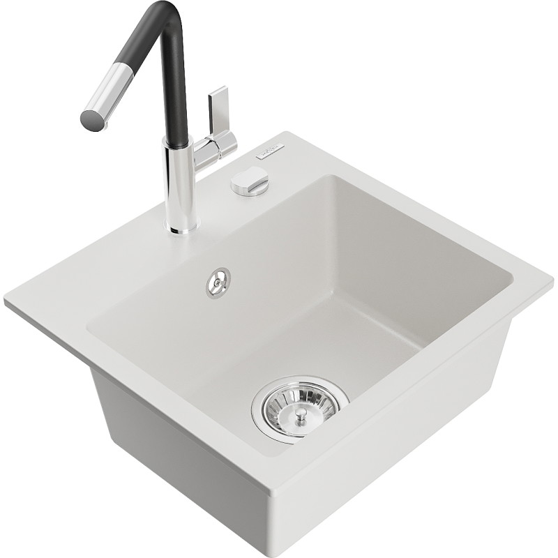 Mexen Milo granite sink 1-chamber with Flora kitchen faucet, white - 6505-20-670401-07