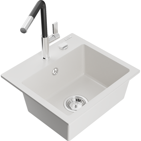 Mexen Milo granite sink 1-chamber with Flora kitchen faucet, white - 6505-20-670401-07