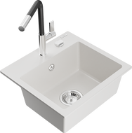 Mexen Milo granite sink 1-chamber with Flora kitchen faucet, white - 6505-20-670401-07