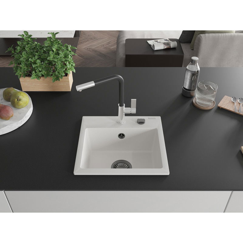 Mexen Milo granite sink 1-bowl with Flora kitchen tap, white - 6505-20-670401-07-B