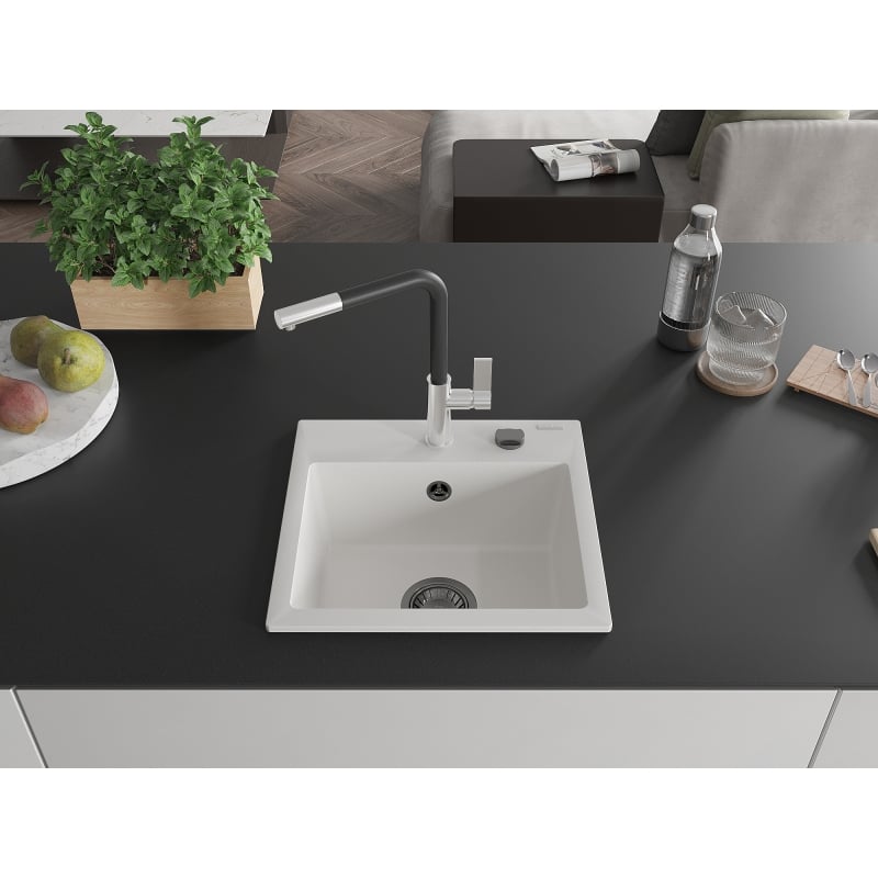 Mexen Milo single-bowl granite sink with kitchen faucet Flora, white - 6505-20-670401-07-B
