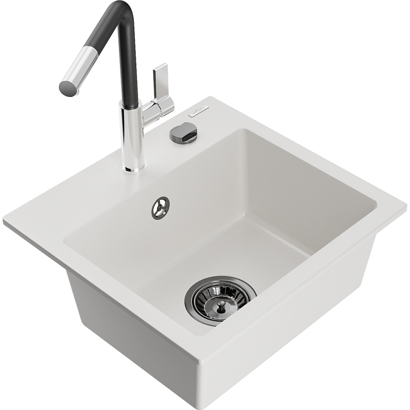 Mexen Milo 1-compartment granite sink with a kitchen mixer tap Flora, White - 6505-20-670401-07-B