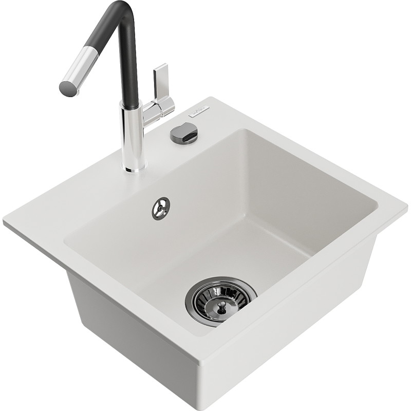 Mexen Milo granite sink 1-chamber with Flora kitchen faucet, white - 6505-20-670401-07-B