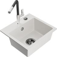Mexen Milo granite sink 1-bowl with Flora kitchen tap, white - 6505-20-670401-07-B
