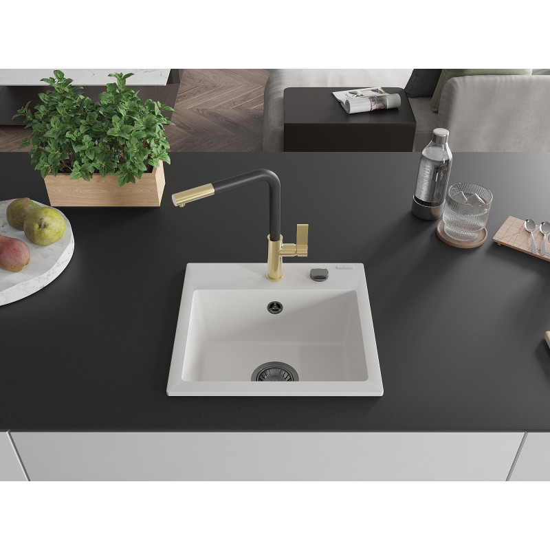 Mexen Milo granite single-bowl sink with Flora kitchen faucet, white - 6505-20-670401-57-B