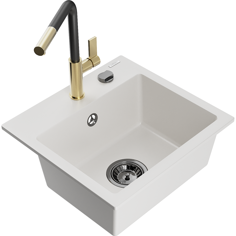 Mexen Milo 1-compartment granite sink with a kitchen mixer tap Flora, White - 6505-20-670401-57-B