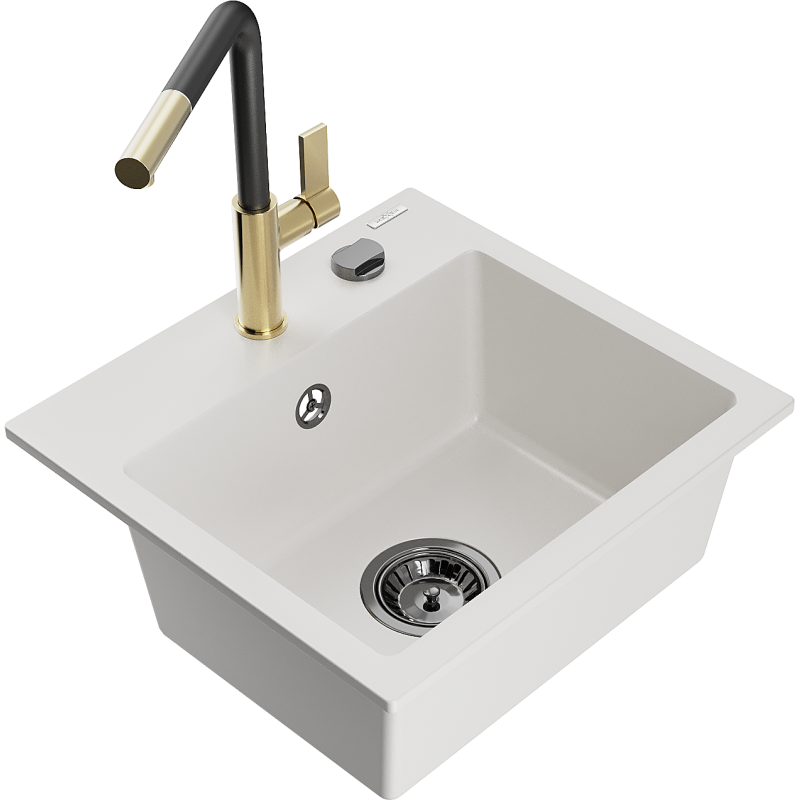 Mexen Milo granite kitchen sink 1-bowl with Flora kitchen tap, white - 6505-20-670401-57-B