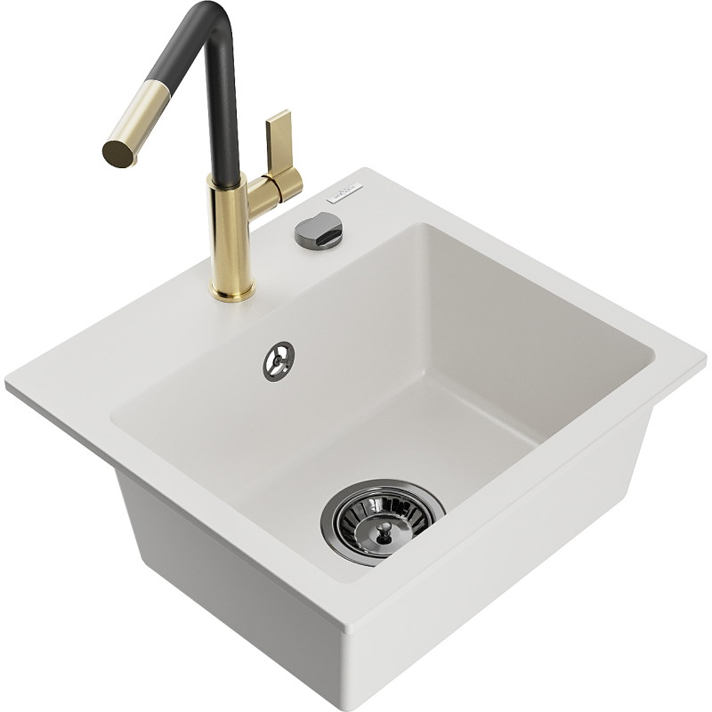Mexen Milo granite single-bowl sink with Flora kitchen faucet, white - 6505-20-670401-57-B