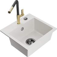 Mexen Milo granite kitchen sink 1-bowl with Flora kitchen faucet, white - 6505-20-670401-57-B